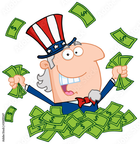Uncle Sam Playing In A Pile Of Money
