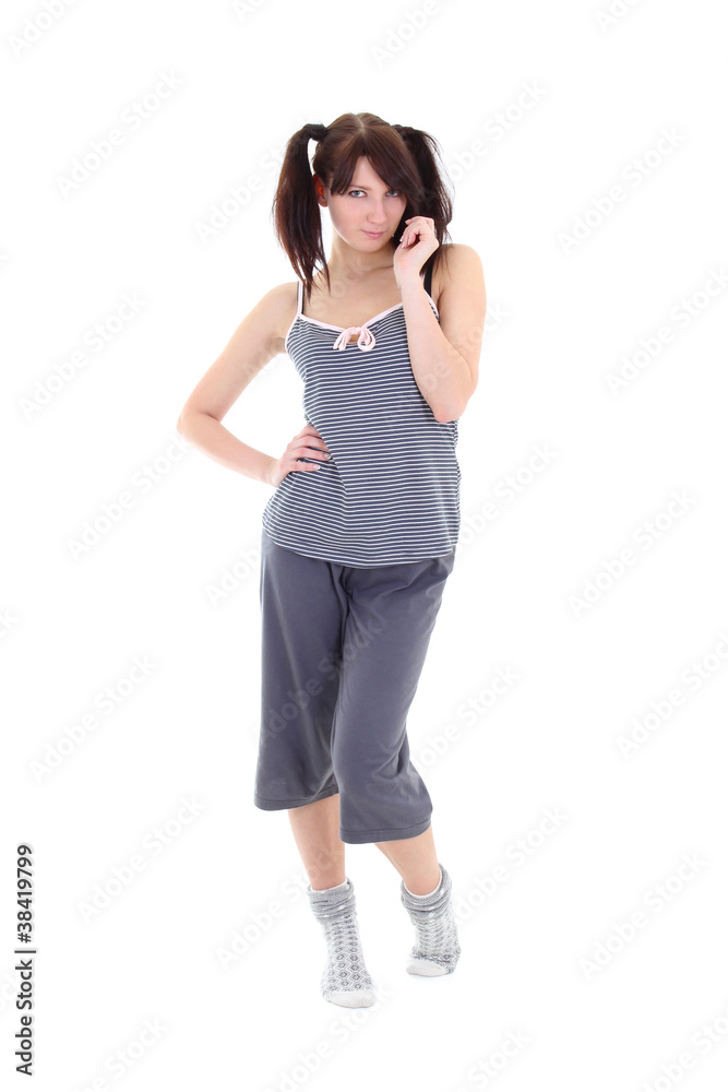 young attractive woman in pajamas over white young attractive woman in pajamas over white