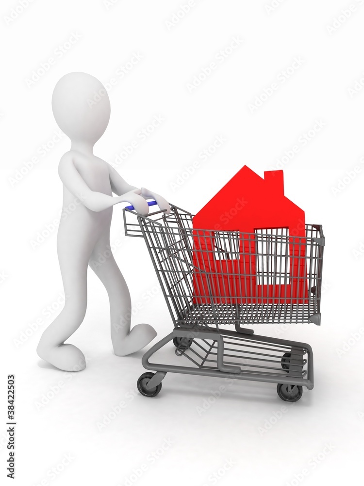 3d man - buyer, bought the house. Over white 3d man - buyer, bought the house. Over white
