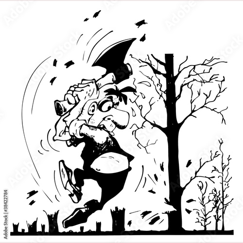 The man clears his garden in spring