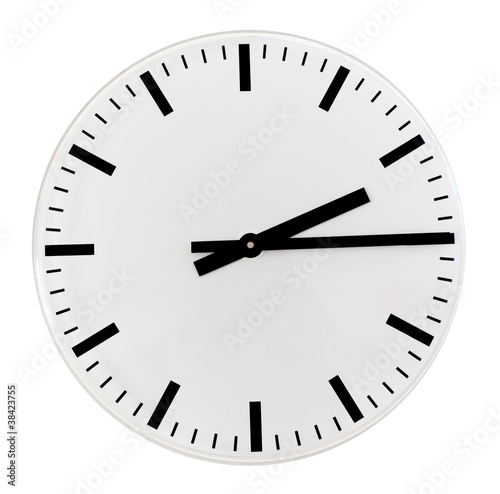 Black and white wall clock, quarter past two in the afternoon