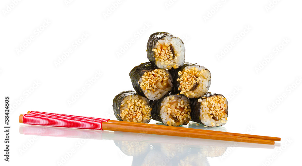 Tasty rolls with chopsticks isolated on white