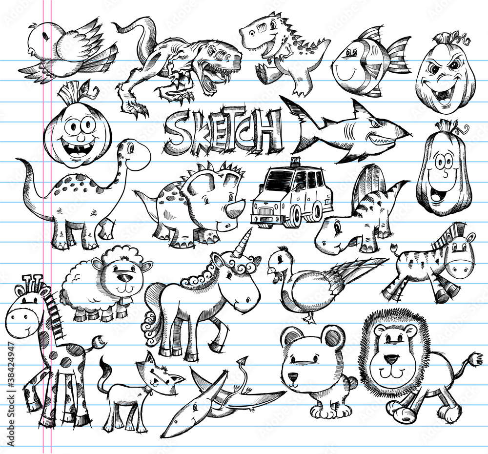 Notebook Doodle Sketch Animal Design Vector Elements Set