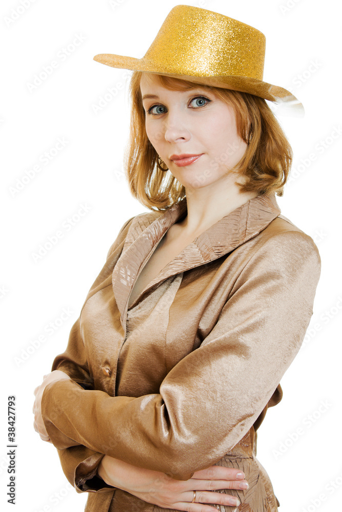 Fototapeta premium Business woman in a festive gold hat
