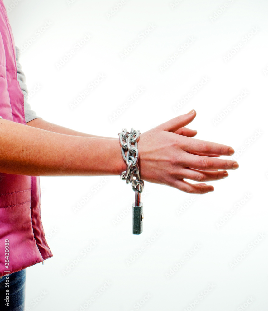 Hands tied up with chains