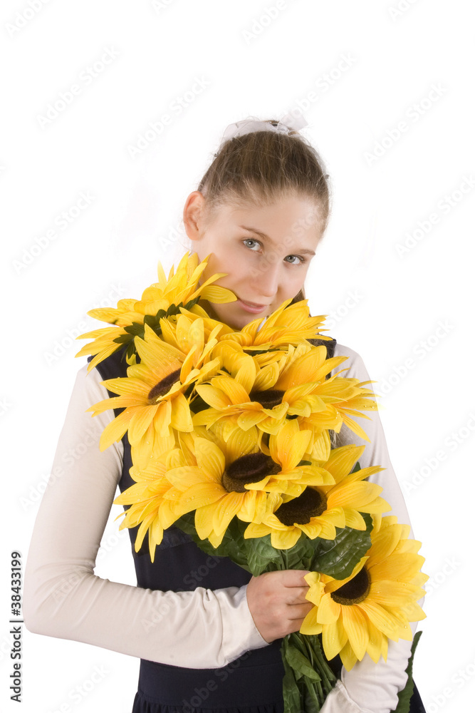 Girl on the white background with sunflower seeds Girl on the white background with sunflower seeds