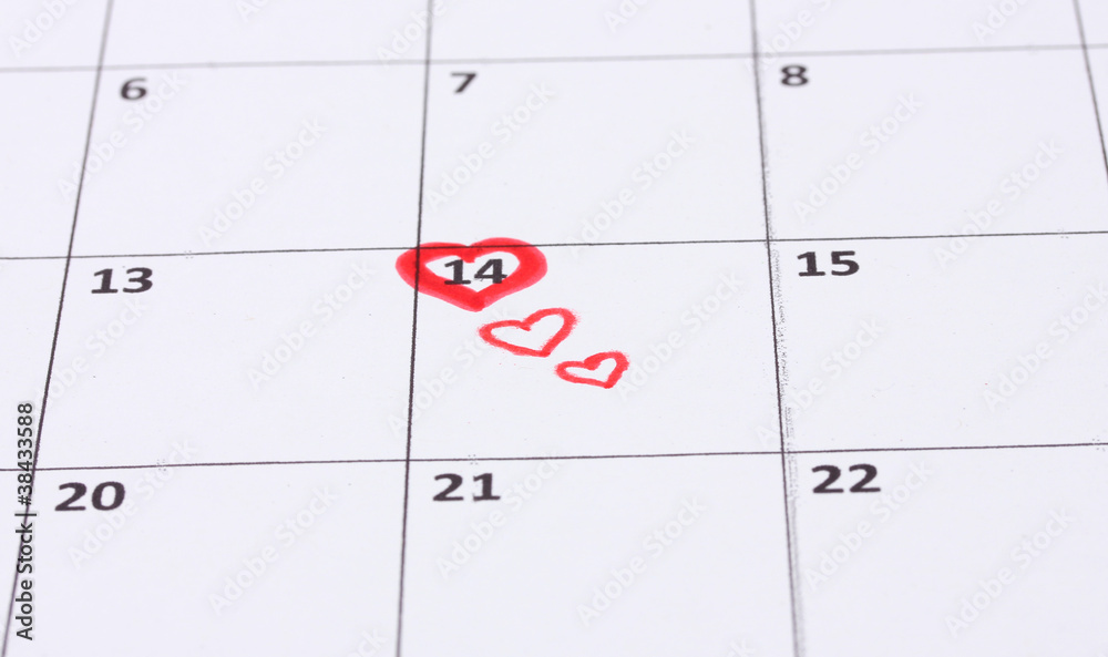 Calendar page with hearts on St.Valentines Day Calendar page with hearts on St.Valentines Day