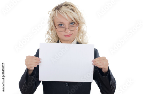 Portrait of woman holding blank billboard