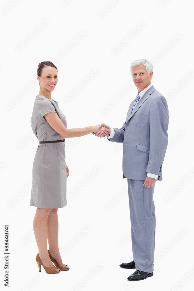 White hair man face to face and shaking hands with a woman White hair man face to face and shaking hands with a woman