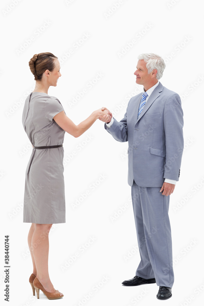 White hair businessman smiling face to face and shaking hands wi White hair businessman smiling face to face and shaking hands wi
