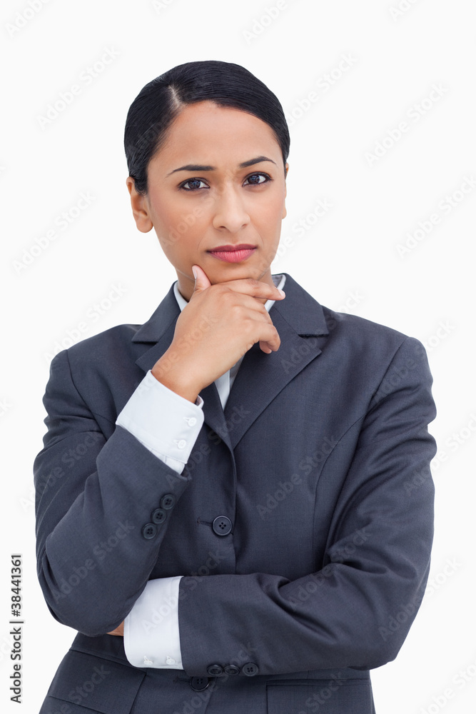 Close up of saleswoman thinking Close up of saleswoman thinking