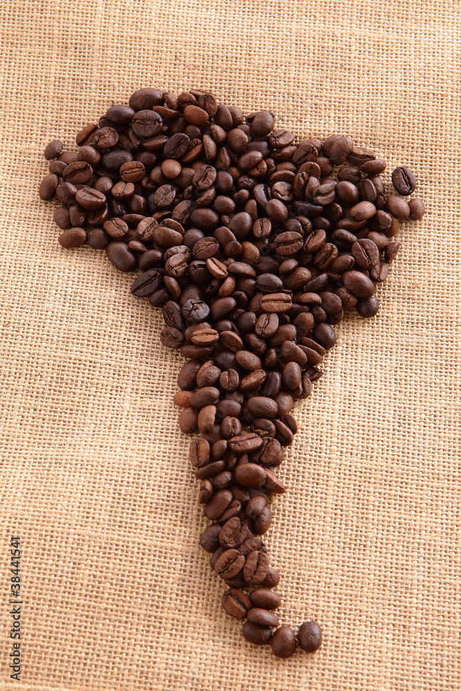 South America continent made with coffee beans South America continent made with coffee beans