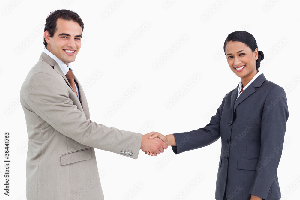 Side view of smiling business partners shaking hands Side view of smiling business partners shaking hands