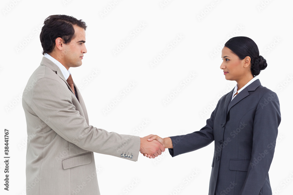 Side view of serious business partners shaking hands Side view of serious business partners shaking hands