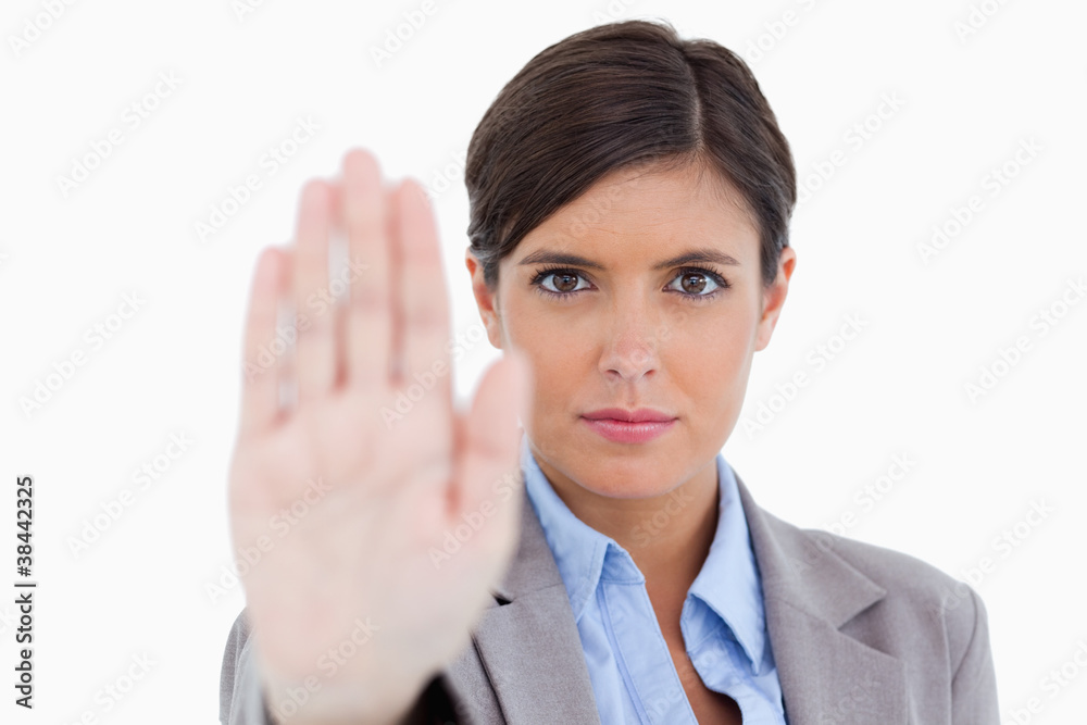 Close up of female entrepreneur signalizing stop Close up of female entrepreneur signalizing stop
