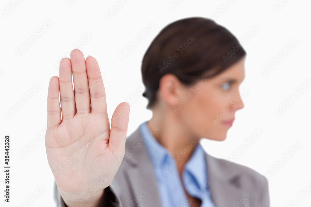 Close up of female entrepreneurs hand signalizing stop Close up of female entrepreneurs hand signalizing stop