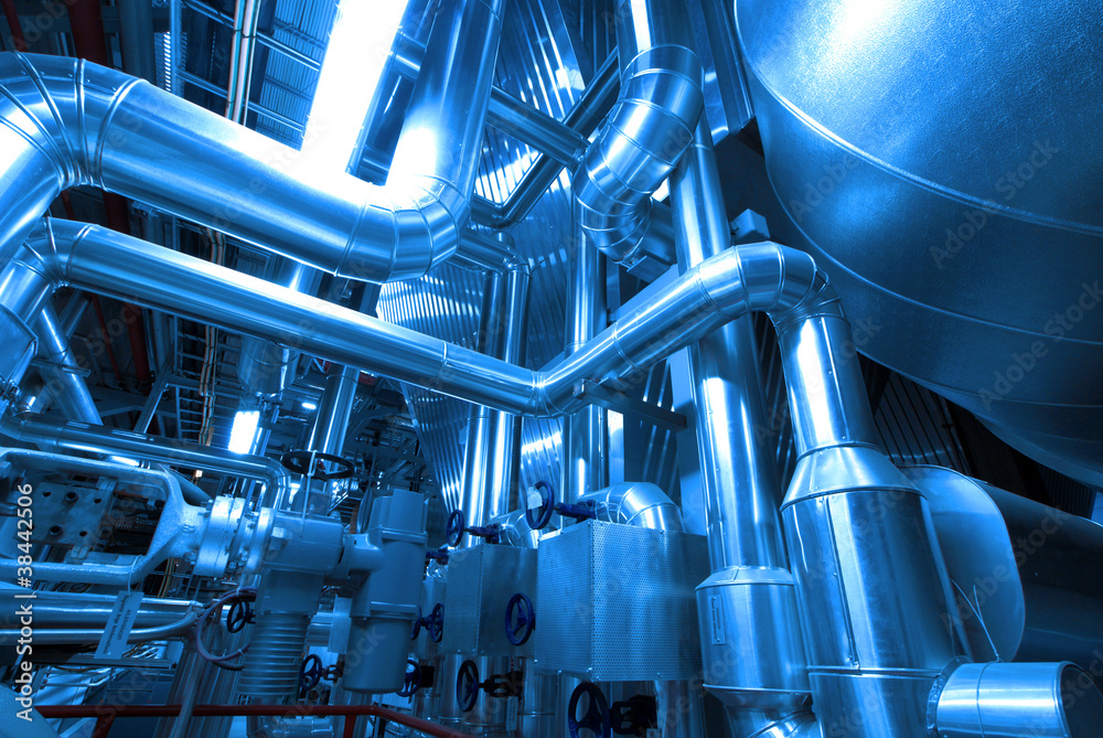 Industrial zone, Steel pipelines and cables in blue tones Industrial zone, Steel pipelines and cables in blue tones