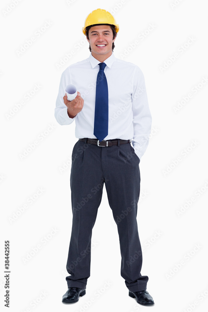 Smiling male architect with plans and helmet Smiling male architect with plans and helmet