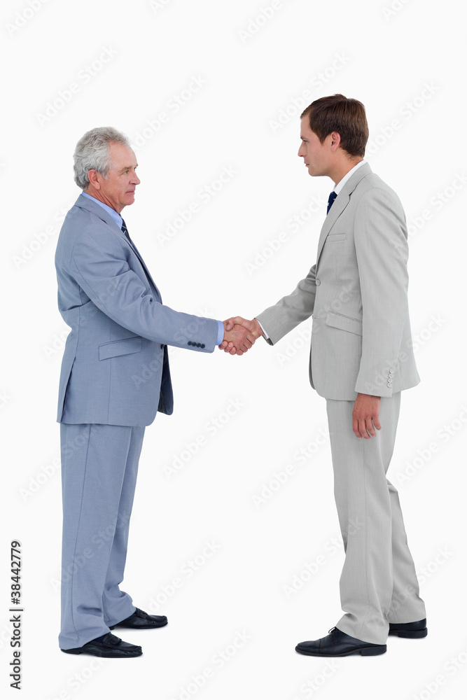 Side view of tradesmen greeting Side view of tradesmen greeting