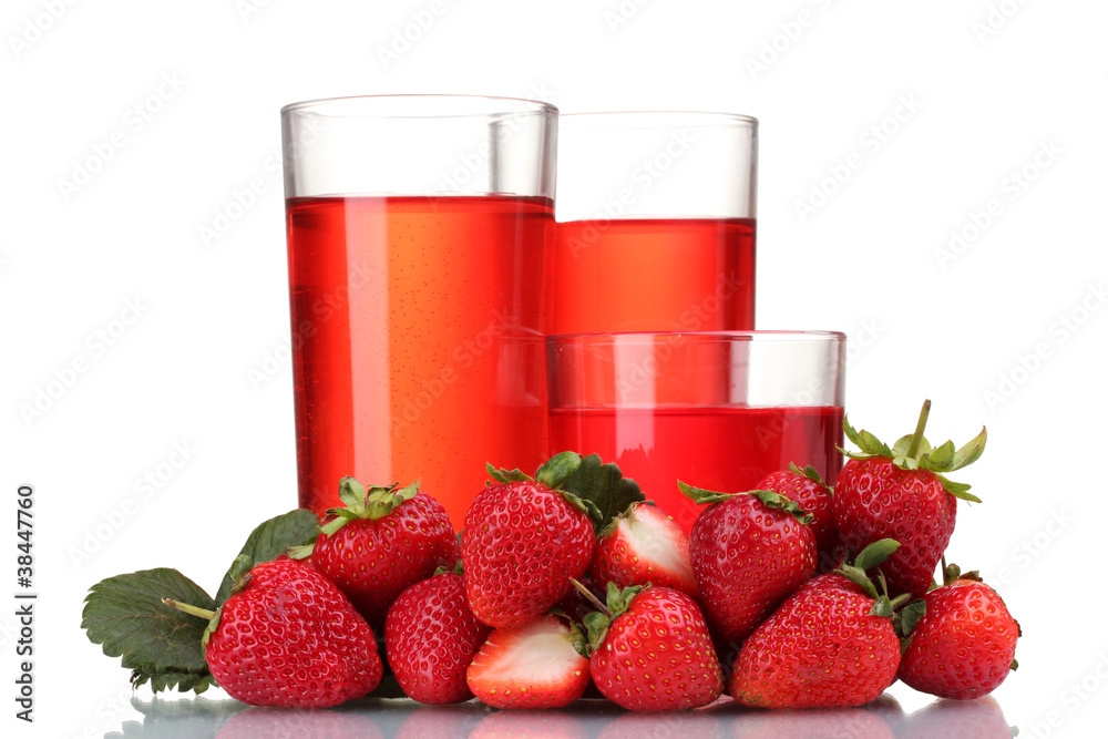 Fresh strawberry and juice glasses isolated on white Fresh strawberry and juice glasses isolated on white