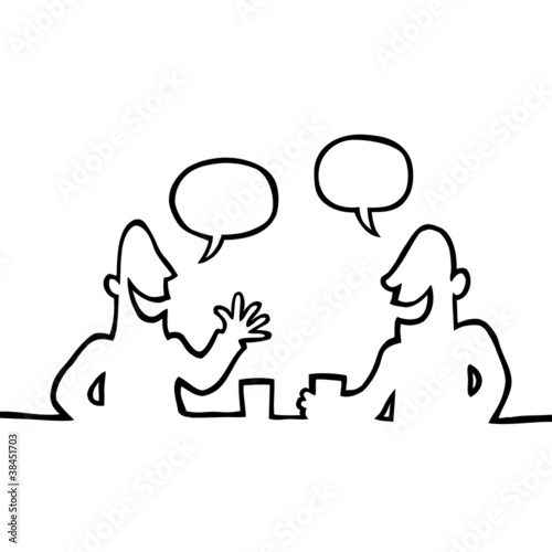 Black line art illustration of two people having a conversation.