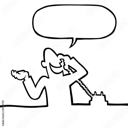 Black line art illustration of a person calling on the phone.