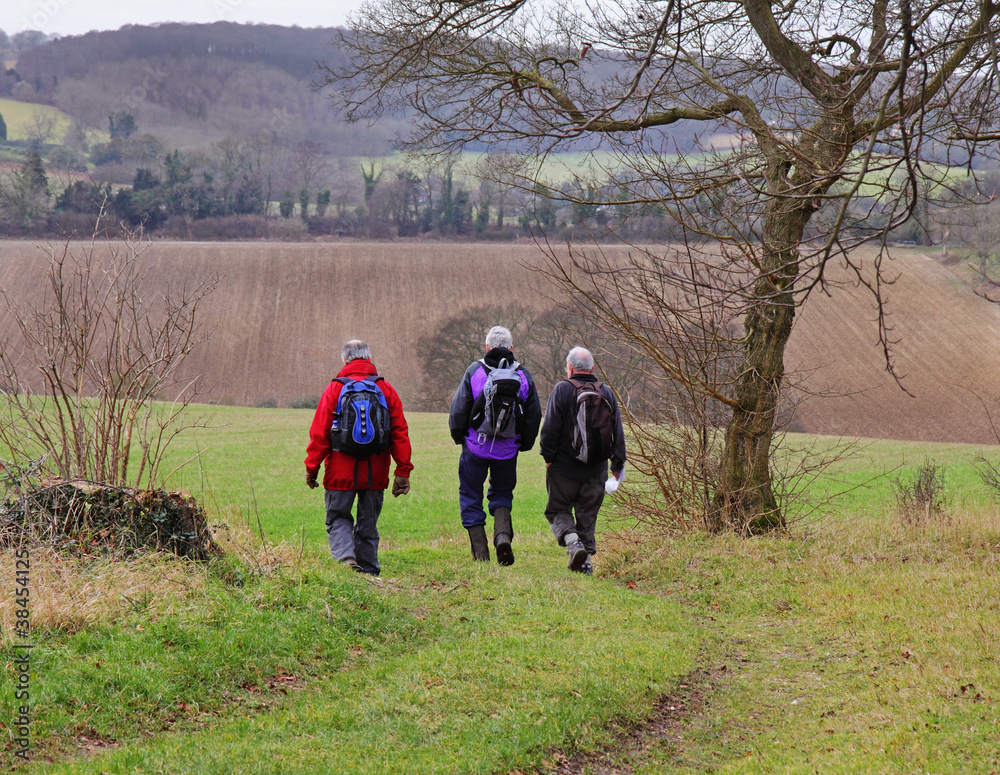 Three male Ramblers on an English Rural Trail Three male Ramblers on an English Rural Trail