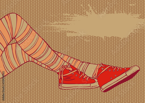 background with female legs in striped stockings and sneakers