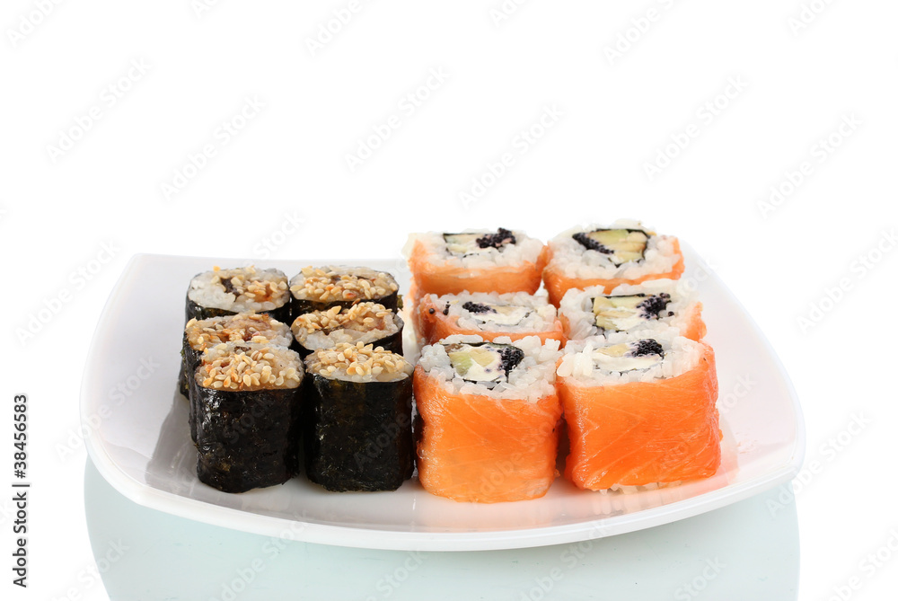 Tasty rolls served on white plate isolated on white