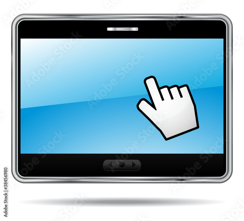 Touchscreen digital tablet with hand cursor.