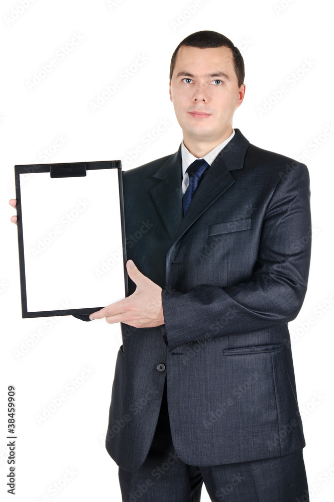 Portrait of businessman holding a blank board Portrait of businessman holding a blank board