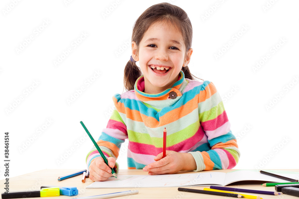 Smiling little girl draw with crayons Smiling little girl draw with crayons