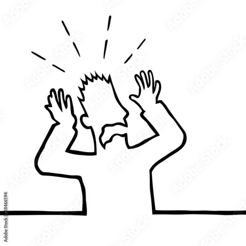 Frightened man with his hands up in the air.