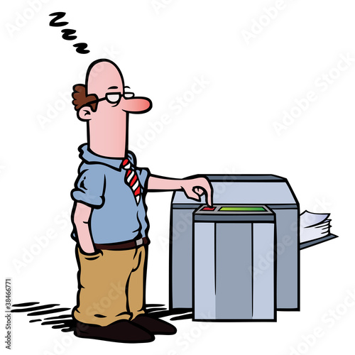 Employee standing half asleep at the copy machine.