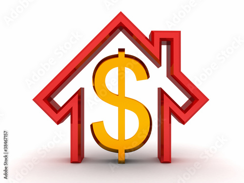red house and golden money dollar symbol on white background