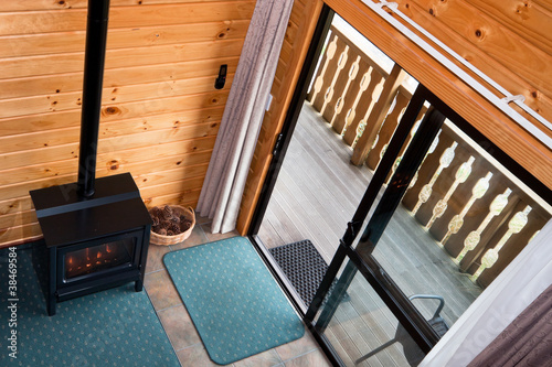Interior of mountain wooden lodge apartment