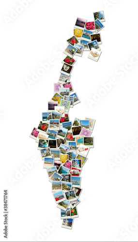 Map of Israel,collage made of travel photos with famous landmark