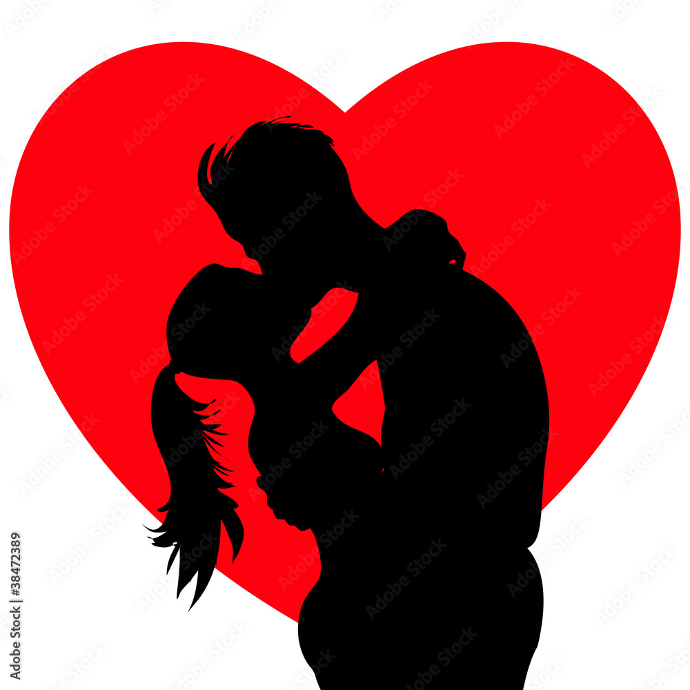Young passionate kissing couple silhouettes