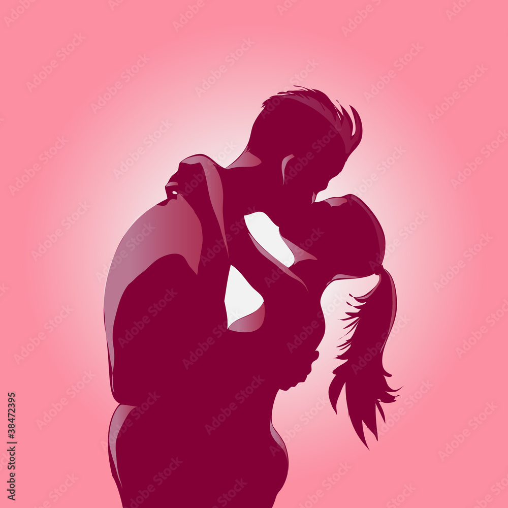 Young romantic kissing couple backlit silhouettes