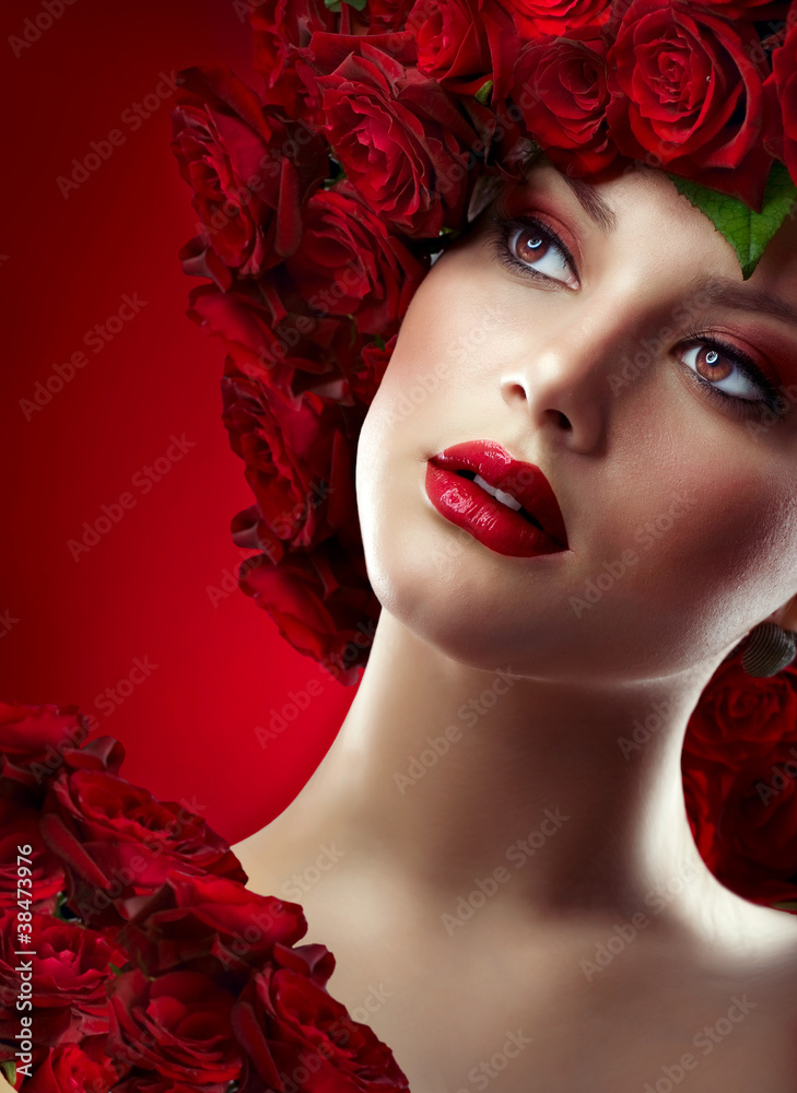 Fashion Model Portrait with Red Roses Fashion Model Portrait with Red Roses