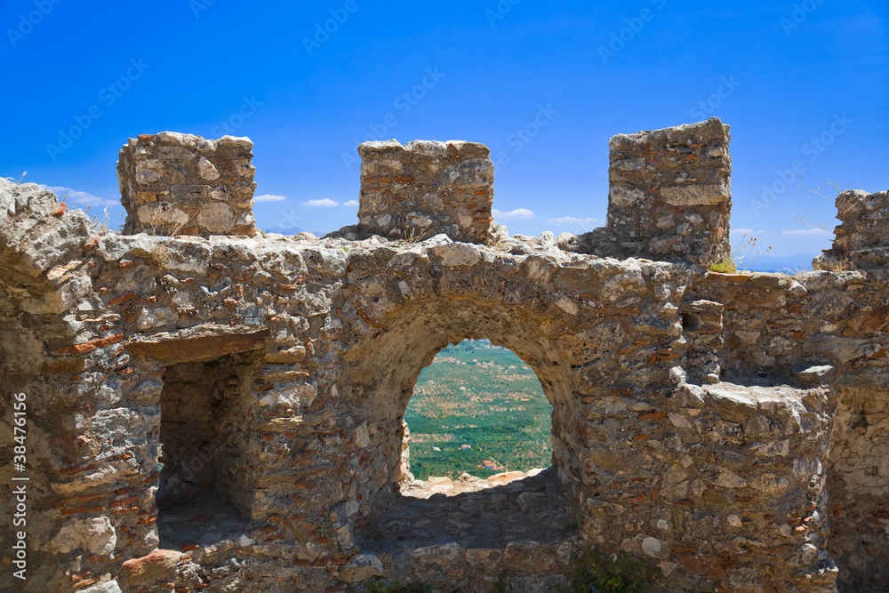 Ruins of old fort in Mystras, Greece