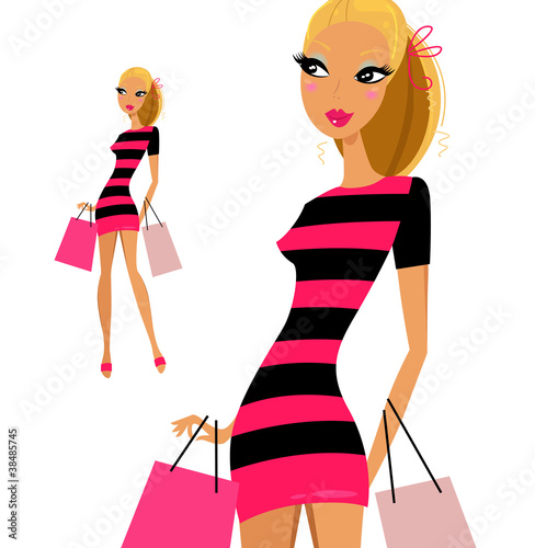 Blond woman shopping woman isolated on white background