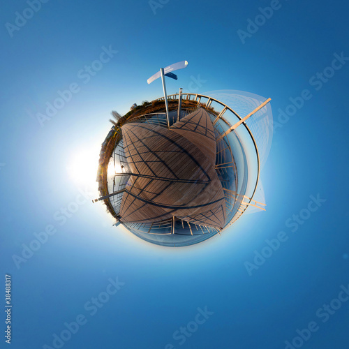 Fotografi little planet image with bridge Vasco da Gama in Lisbon