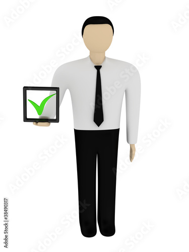 The man holds the checkbox