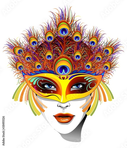 Fototapeta Naklejka Na Ścianę i Meble -  Maschera Piume Pavone Donna-Peacock Feathers Mask Face-Vector