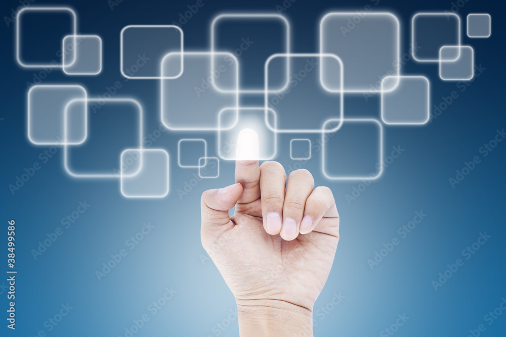 hand pushing a button on a touch screen interface hand pushing a button on a touch screen interface