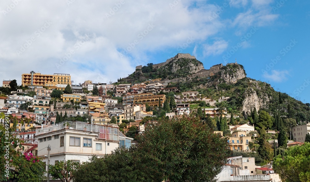 Monte Tauro with castle aboveTaormina town in Sicily,Italy