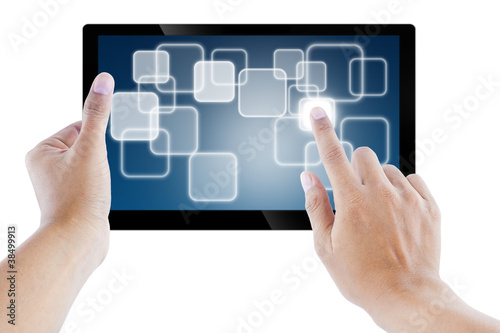 tablet computer Isolated on white background and hand