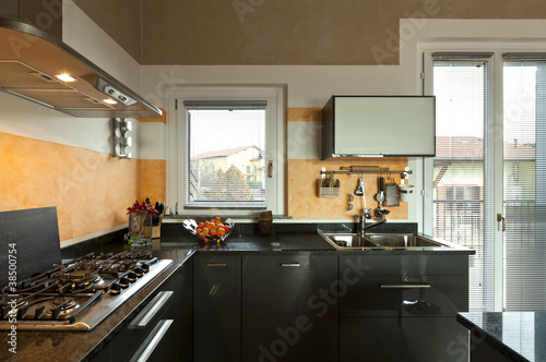 interior, new loft furnished, view of kitchen