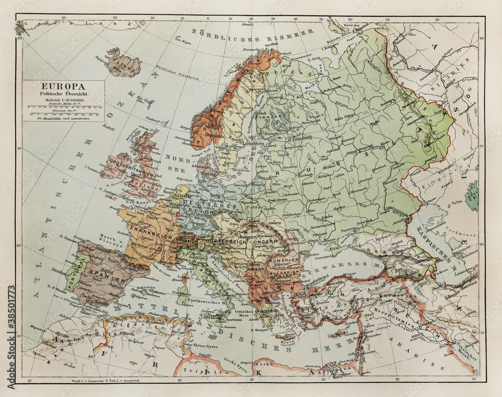 Vintage map of Europe at the end of 19th century
